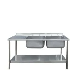 Die-Pat Right Hand Double Bowl Sink Unit Left Hand Drain With Undershelf 20 Kg Stainless Steel