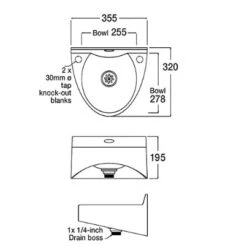 Mechline Basix SaniTru ABS Hand Wash Basin WS1-D Dome Taps Grey -Kitchen Appliances Store WMWS0001 Line Drawing